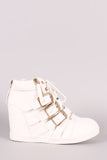 Multi Buckle Strap Lace Up Round Toe High Top Wedge Sneaker