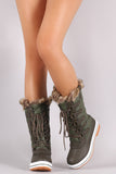 Quilted Faux Fur Cuff Lace Up Mid Calf Boots