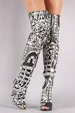 Graphic Print Peep Toe Cone Heeled Over-The-Knee Boots