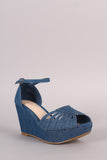 Bamboo Denim Strappy Peep Toe Platform Wedge