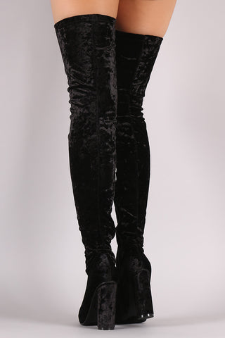 Crushed Velvet Pointy Toe Chunky Heel OTK Boots