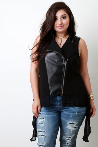 Contrast Vegan Leather Chiffon Asymmetrical Vest