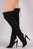 Qupid Suede Peep Toe Over the Knee Boots