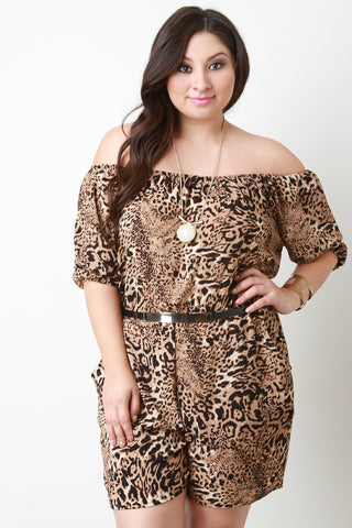 Leopard Bardot Belted Romper