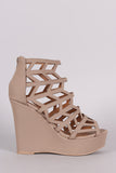 Qupid Nubuck Geometric Cage Platform Wedge