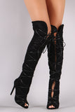 Privileged Shearling Trim Peep Toe Lace Up Stiletto Boots