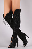 Privileged Shearling Trim Peep Toe Lace Up Stiletto Boots