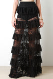 Semi-Sheer Floral Lace Ruffle Tier Maxi Skirt