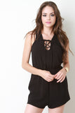 Lace Up Yoke Sleeveless Romper