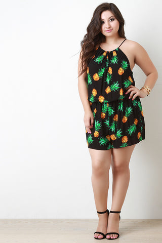 Pineapple Print Tie Back Spaghetti Strap Romper