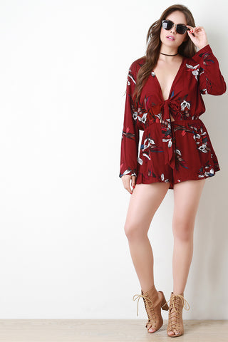 Self-Tie Plunging Neckline Floral Romper