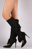 Suede Ruffle Pointy Toe Cutout Knee High Boots