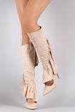 Suede Ruffle Pointy Toe Cutout Knee High Boots