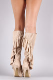 Suede Ruffle Pointy Toe Cutout Knee High Boots