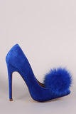 Fur Pom Pom Velvet Pointy Toe Stiletto Pump