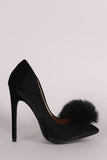 Fur Pom Pom Velvet Pointy Toe Stiletto Pump