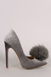 Fur Pom Pom Velvet Pointy Toe Stiletto Pump