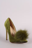 Fur Pom Pom Velvet Pointy Toe Stiletto Pump