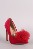 Fur Pom Pom Velvet Pointy Toe Stiletto Pump