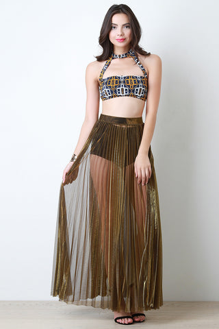 Metallic Semi Sheer Pleated Maxi Skirt