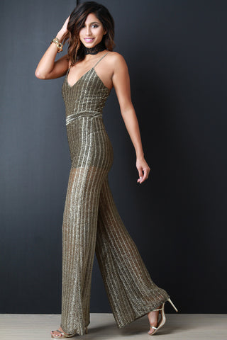 Metallic Semi-Sheer Ribbed Knit Jumpsuit