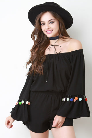 Pom Pom Bell Sleeve Bardot Romper