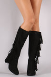 Suede Side Fringe Block Heeled Knee High Boots