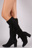 Suede Side Fringe Block Heeled Knee High Boots