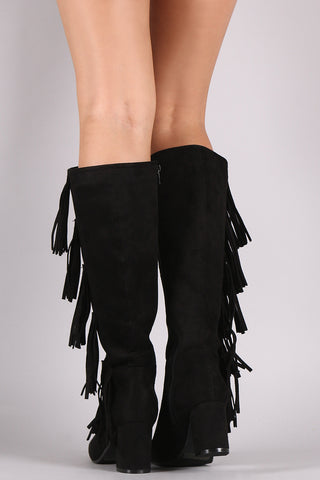 Suede Side Fringe Block Heeled Knee High Boots