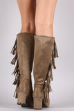 Suede Side Fringe Block Heeled Knee High Boots