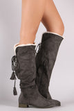 Suede Tassel Lace-Up Fur Cuff Riding Knee High Boots