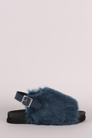 Furry Open Toe Slingback Footbed Sandal