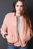 Faux Shearling Button Up Bomber Jacket