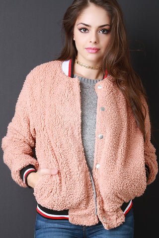 Faux Shearling Button Up Bomber Jacket