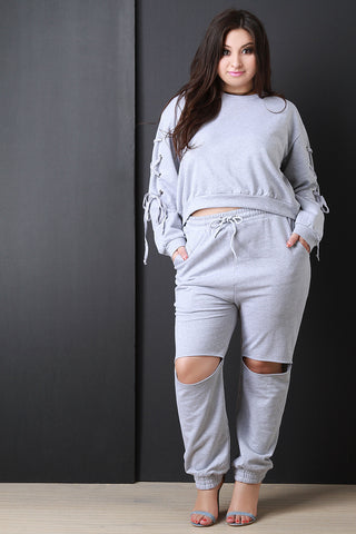 Cut Out Knee Drawstring Jogger Pants