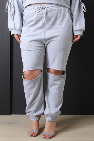 Cut Out Knee Drawstring Jogger Pants