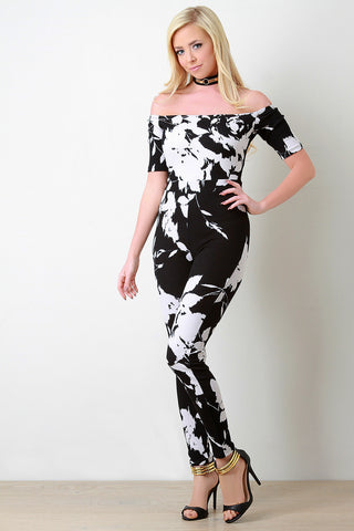 Abstract Print Off-The-Shoulder Back Zip Jumpsuit