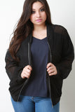 Semi-Sheer Chevron Pattern Mesh Bomber Jacket