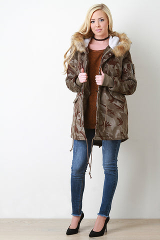 Camouflage Fur Trim Hooded Parka Jacket