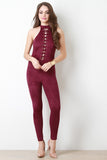 Suede Lace Up Mock Neck Jumpsuit