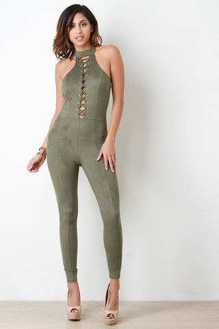 Suede Lace Up Mock Neck Jumpsuit