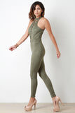 Suede Lace Up Mock Neck Jumpsuit