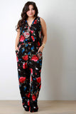 Floral Surplice Pocketed Wide Leg Sleeveless Jumpsuit