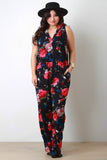 Floral Surplice Pocketed Wide Leg Sleeveless Jumpsuit