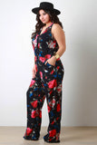 Floral Surplice Pocketed Wide Leg Sleeveless Jumpsuit