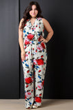 Floral Surplice Pocketed Wide Leg Sleeveless Jumpsuit