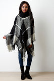 Brushed Loose Knit Plaid Turtle Neck Poncho