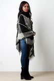 Brushed Loose Knit Plaid Turtle Neck Poncho