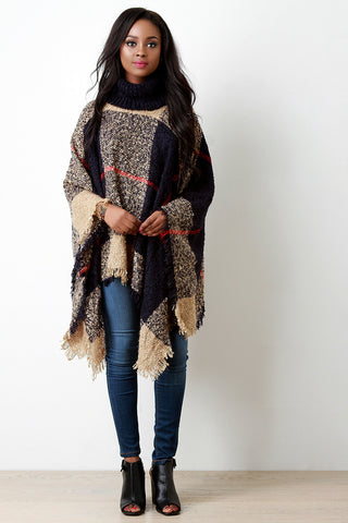 Brushed Loose Knit Plaid Turtle Neck Poncho