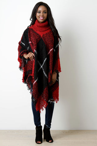 Brushed Loose Knit Plaid Turtle Neck Poncho